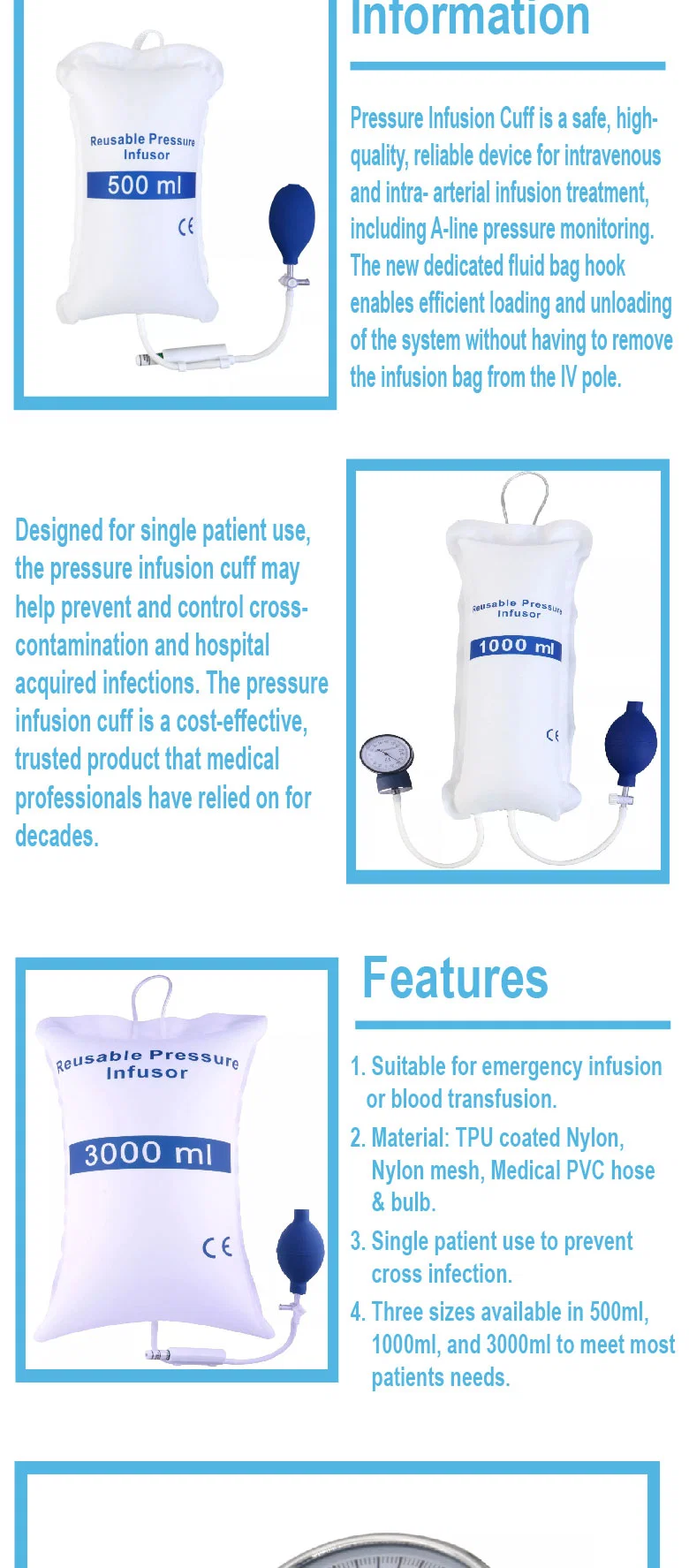 Blood Pressure Infusor Cuff Set Emergency Pressure Infusion Bag 500 Ml 1000 Ml for Ambulance